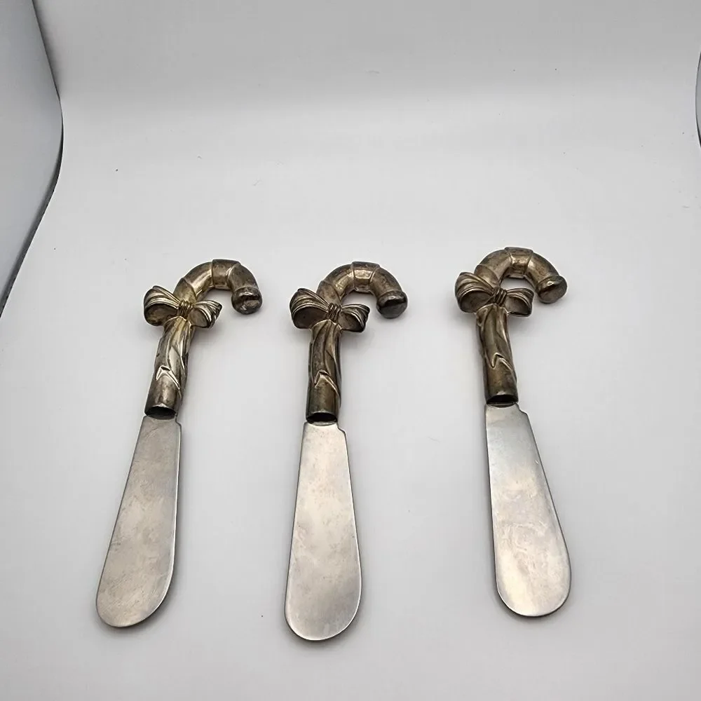 Stainless Steel & Silver Plated Set of 3 Candy Cane Condiment Spreaders
